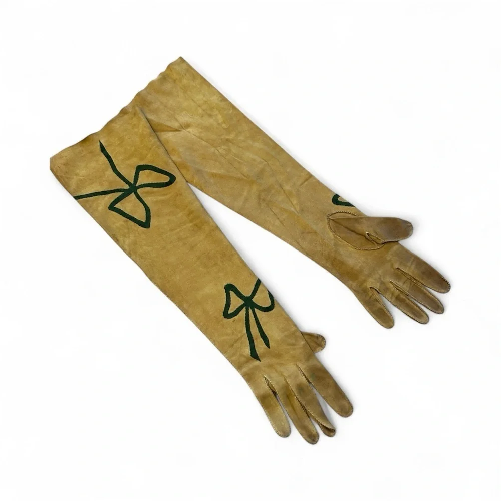 Vintage Handmade Suede Opera-Length Gloves Camel Color w/ Bows